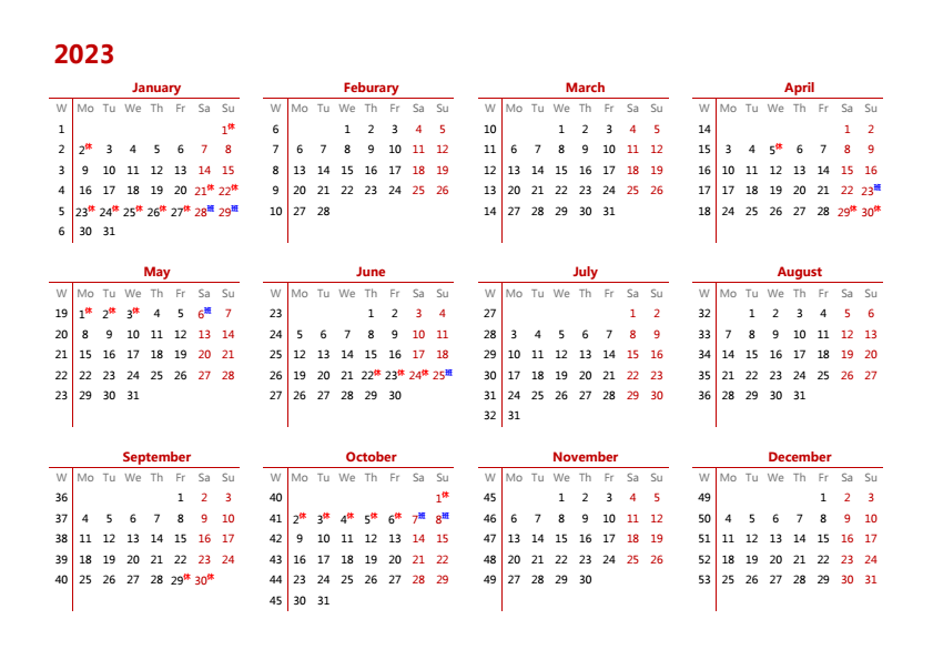 2023年日历 带节假日调休 A4横向 英文版 无农历 带周数 周一开始